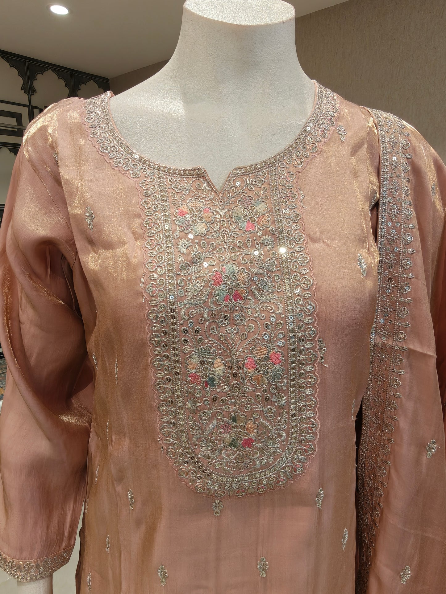 Soft Silk Embroidered Straight Kurta Set with Dupatta – Blush Pink