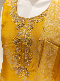 Mustard Yellow Banarasi Silk Embroidered Kurta Set with Woven Dupatta