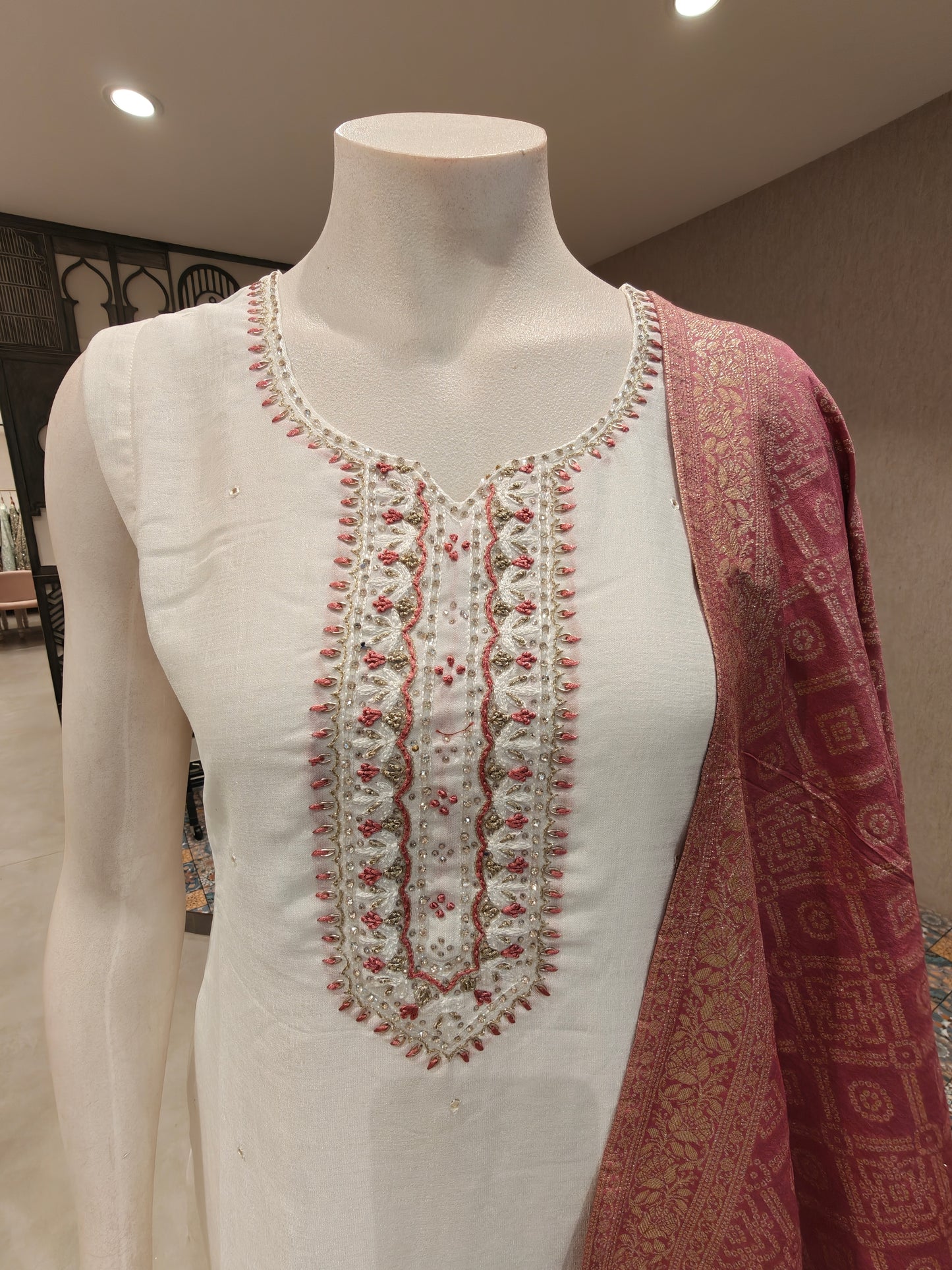 Ivory White Vichitra Silk Kurta Set with Pink Woven Dupatta