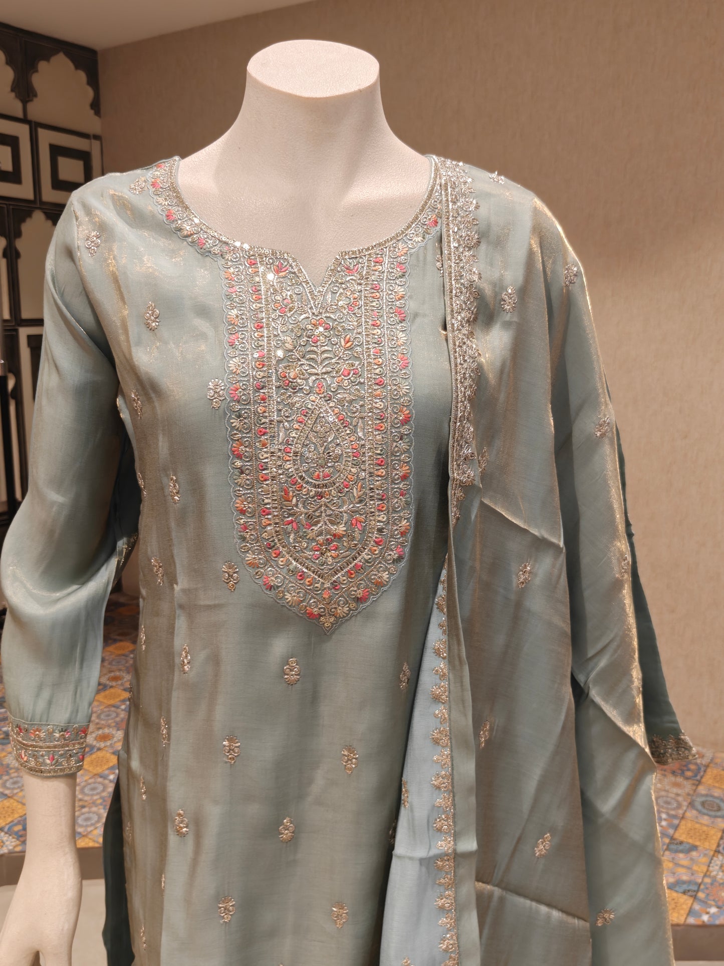 Powder Blue Soft Silk Embroidered Straight Kurta Set with Dupatta