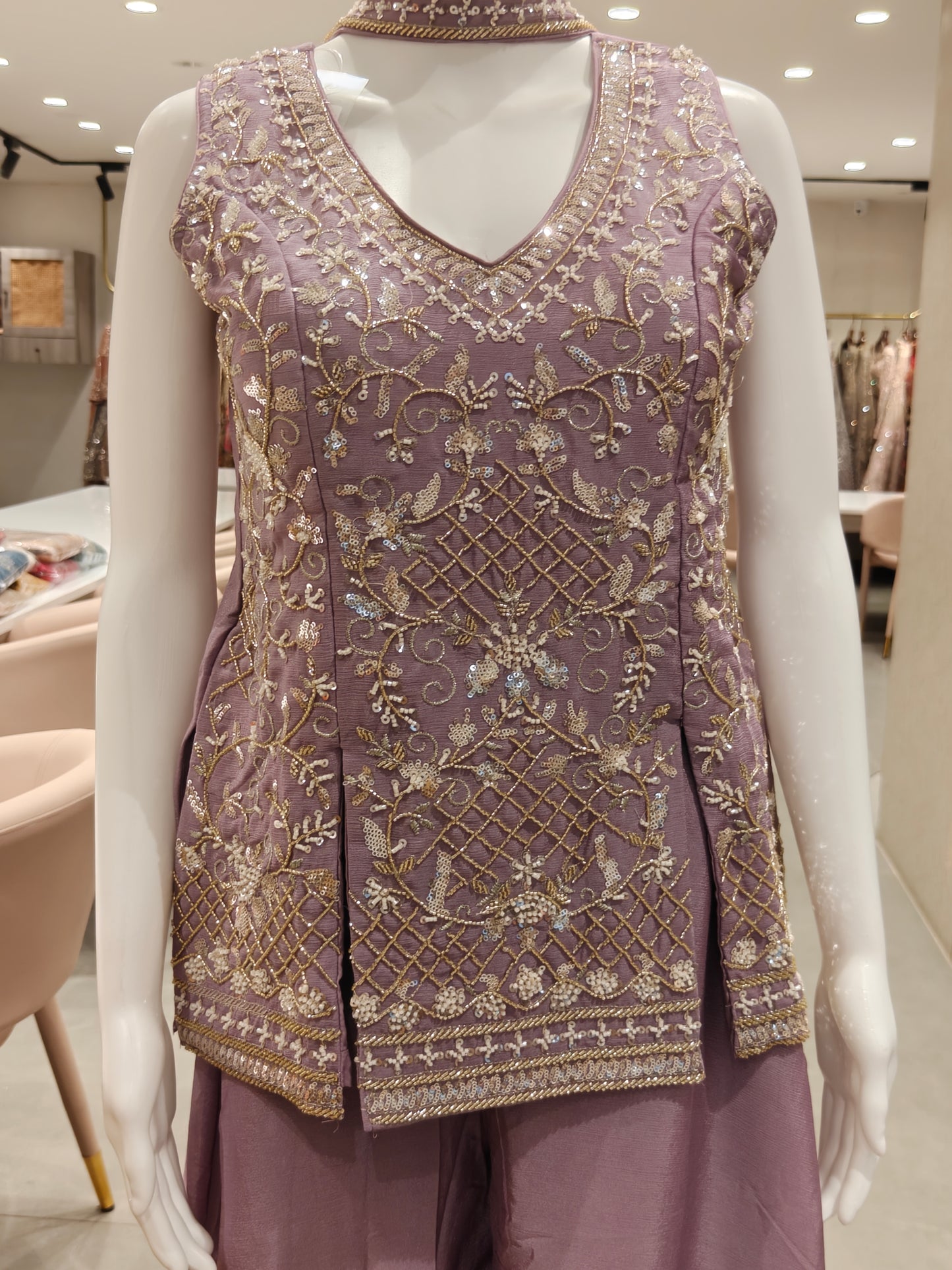 Lavender Silk Embroidered Peplum Kurta with Flared Sharara Set