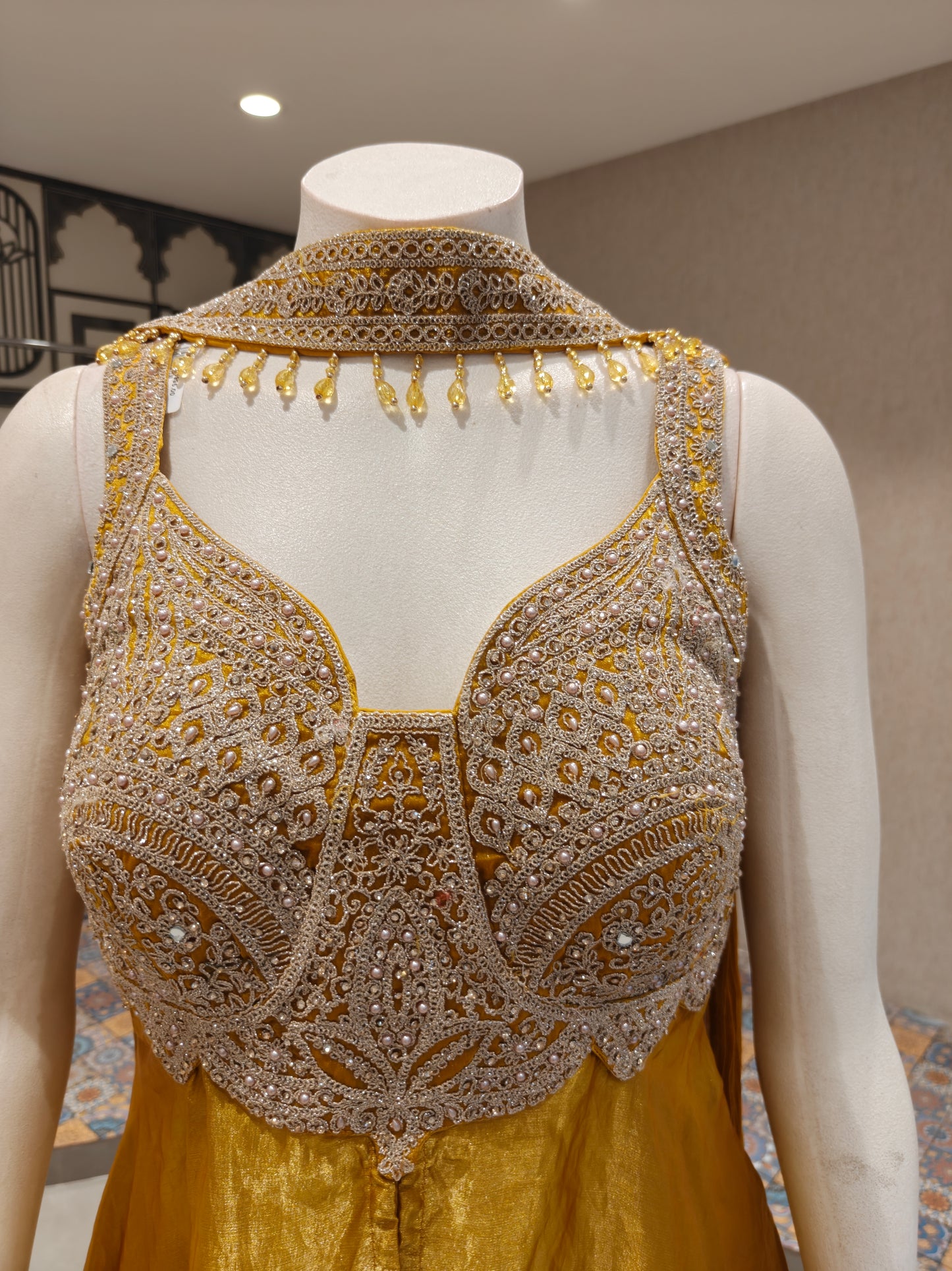 Mustard Organza Layered Sharara Set with Embroidered Bodice