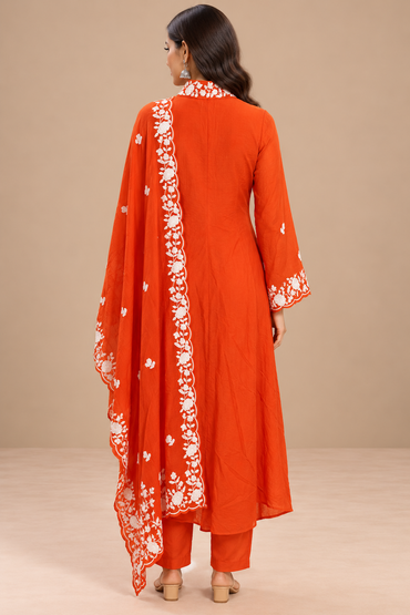 Scarlet Red Silk Embroidered Anarkali Suit Set