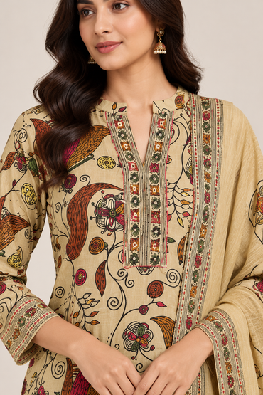 Beige Floral Printed Straight-Cut Salwar Suit with Matching Dupatta