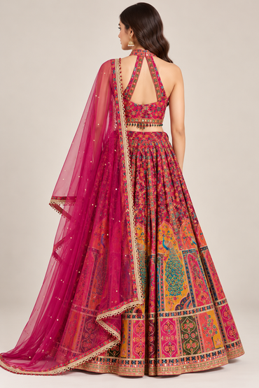 Multicolour Peacock Motif Lehenga Choli with Pink Dupatta