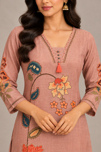 Dusty Rose Linen Floral Kurti