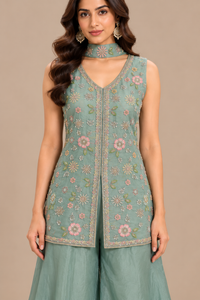 Seafoam Green Embroidered Silk Jacket Palazzo Set