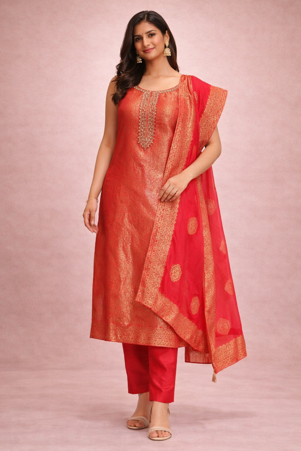 Red & Gold Brocade Kurta Set with Pants & Dupatta