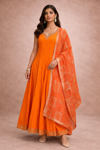 Vibrant Orange Anarkali Gown Set with Dupatta