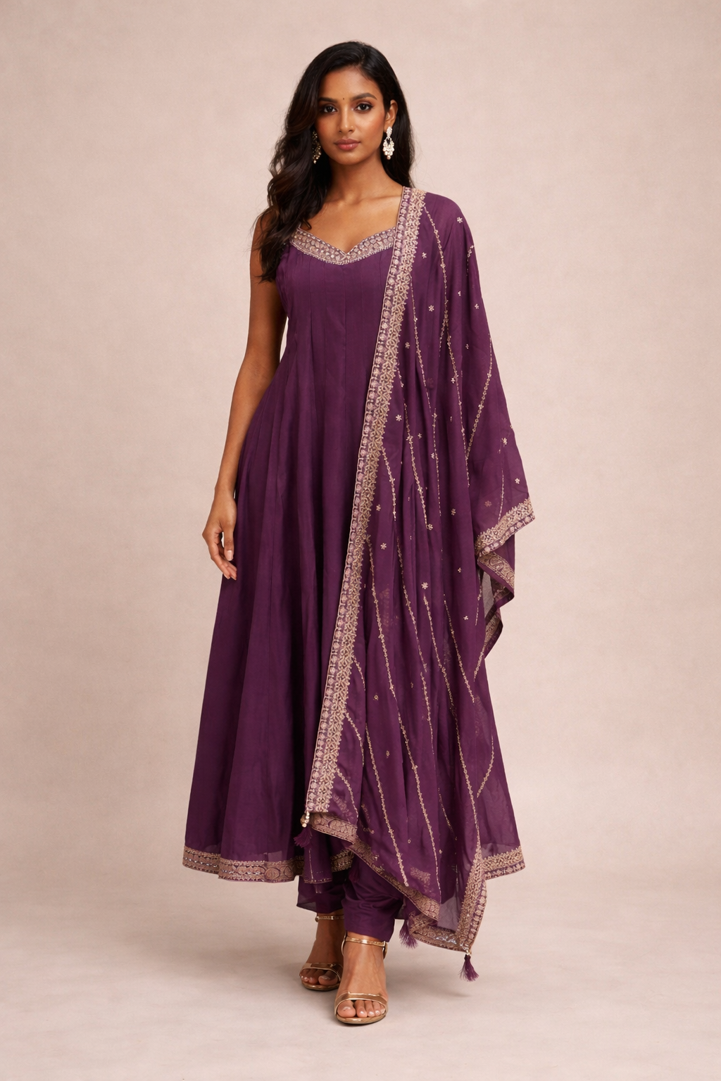 Elegant Wine Purple Anarkali Suit Set with Embroidered Dupatta