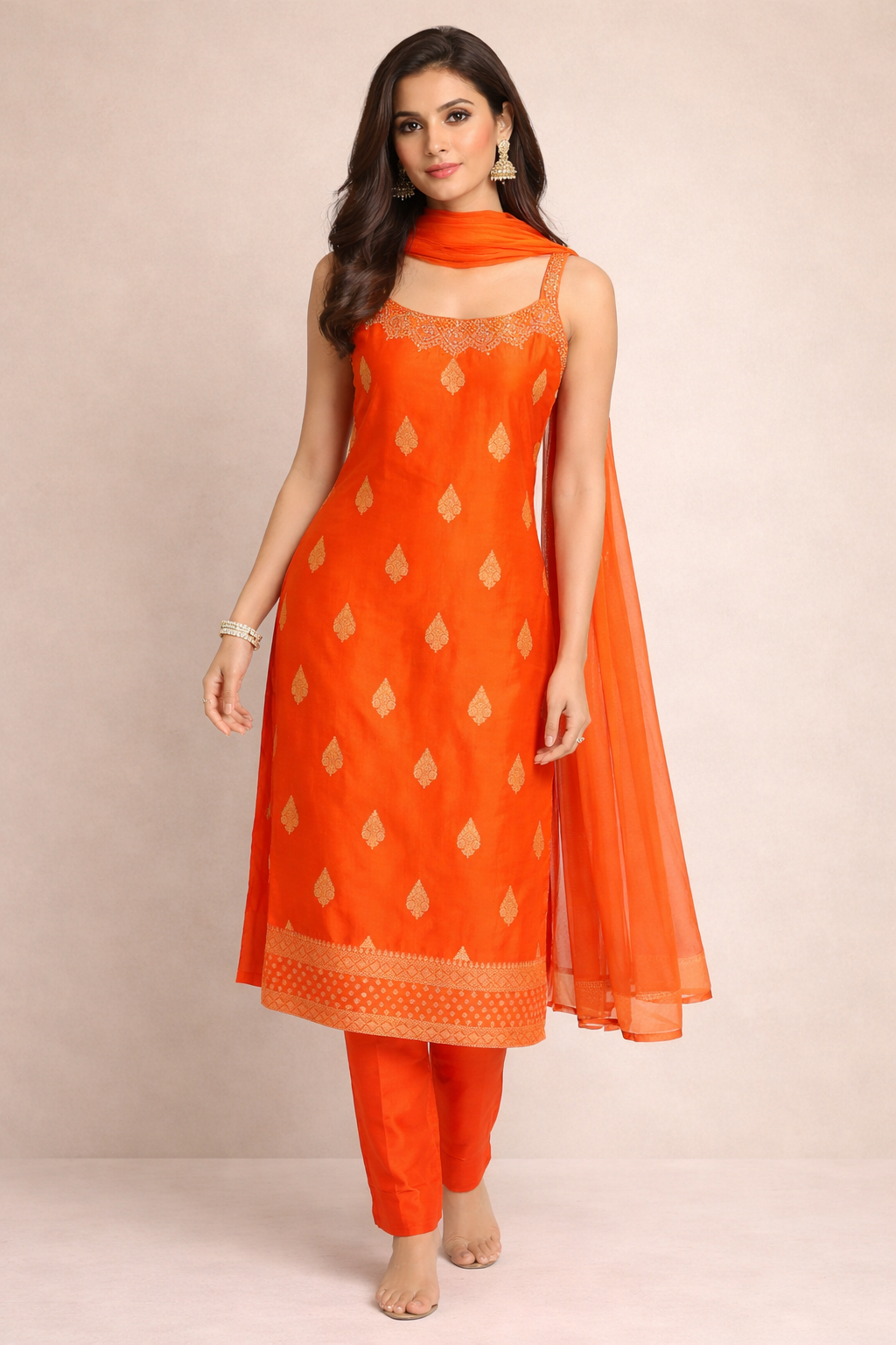 Orange Embroidered Kurta Set with Pants & Dupatta