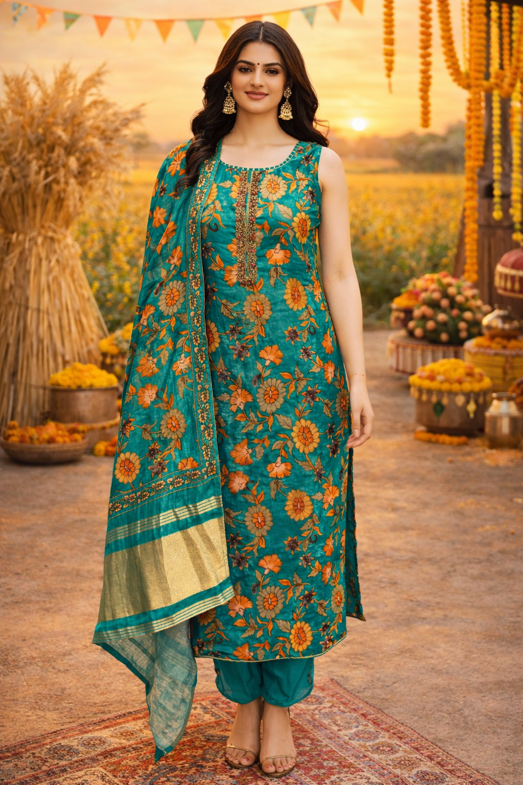 Teal Green Floral Printed Kurta Set with Pants & Dupatta