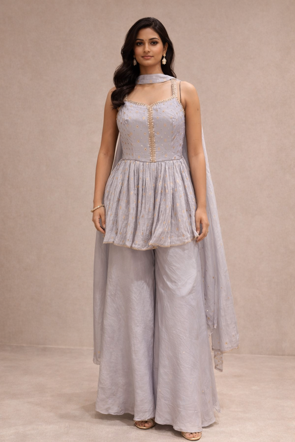 Grey Embroidered Silk Peplum Sharara Set with Dupatta for Women