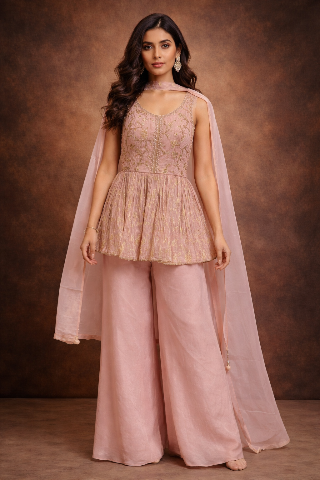 Blush Pink Silk Embroidered Peplum Kurta Sharara Set with Dupatta