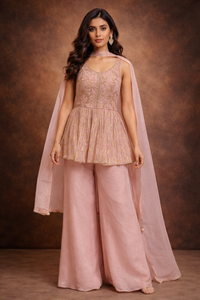Blush Pink Silk Embroidered Peplum Kurta Sharara Set with Dupatta