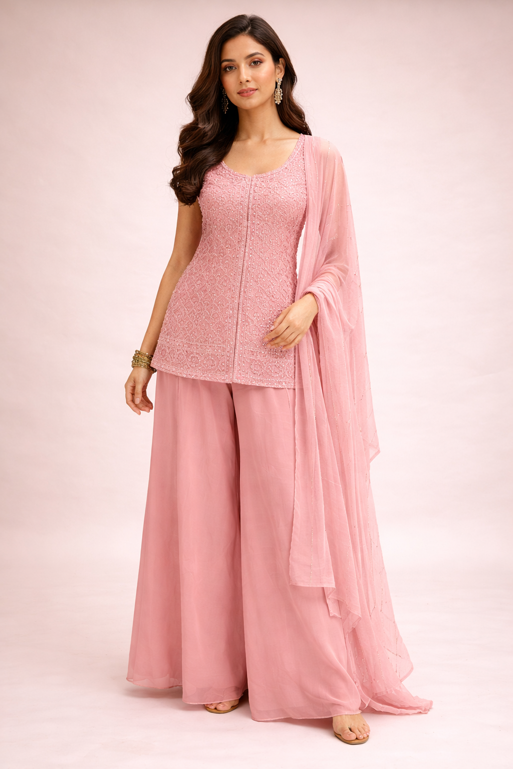 Blush Pink Embroidered Silk Kurta Palazzo Set with Dupatta for Women