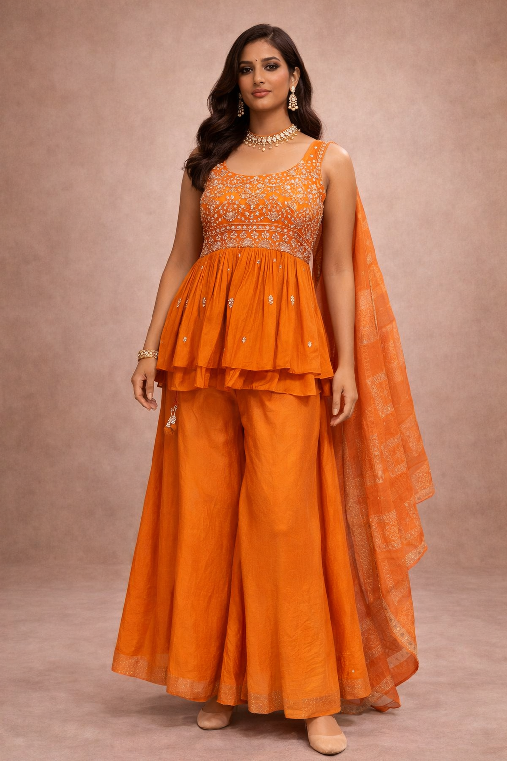 Orange Embroidered Tissue Silk Peplum Sharara Set with Dupatta for Women