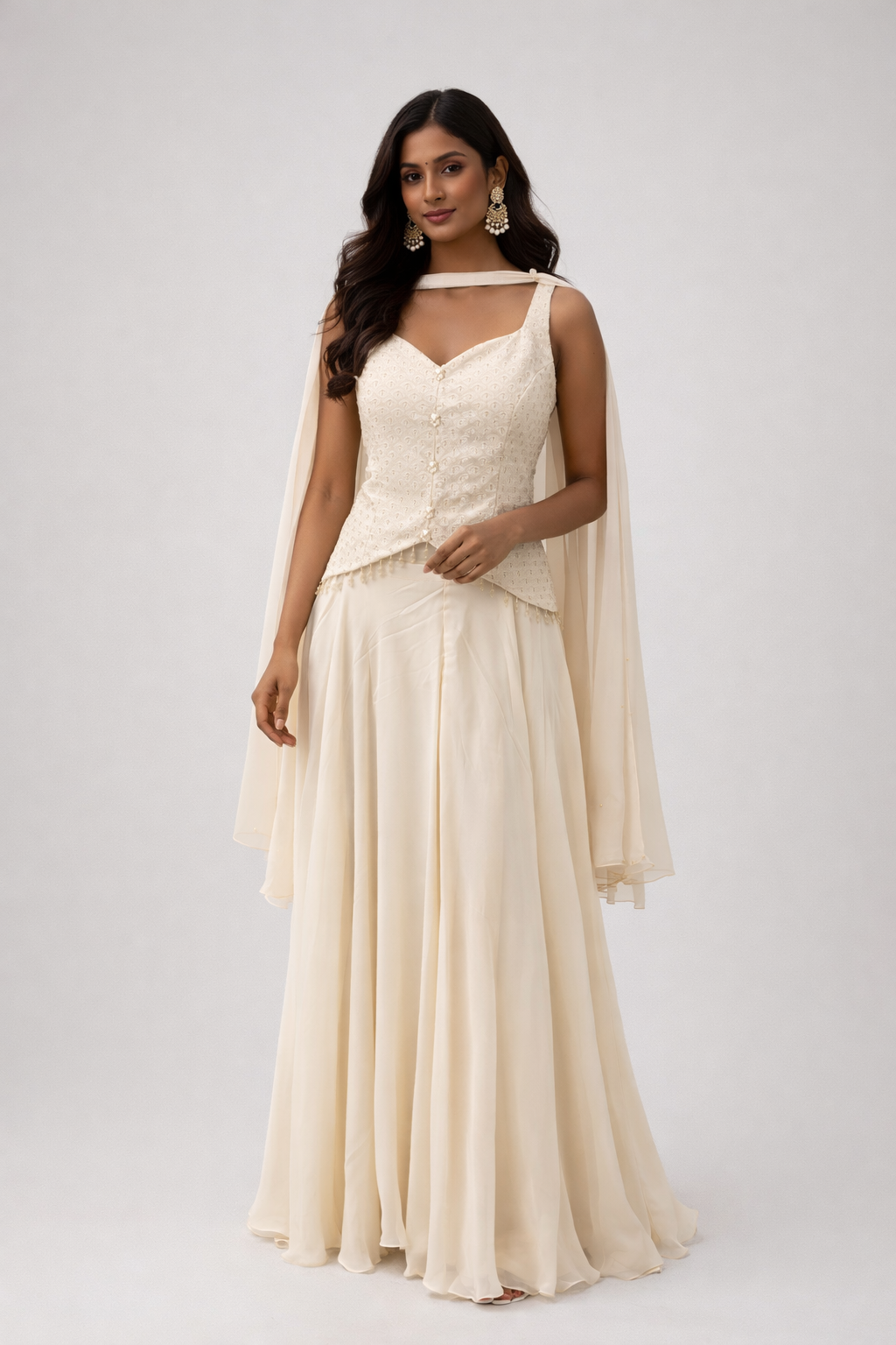 Elegant Cream Georgette Lehenga Set with Embroidered Blouse & Dupatta for Women
