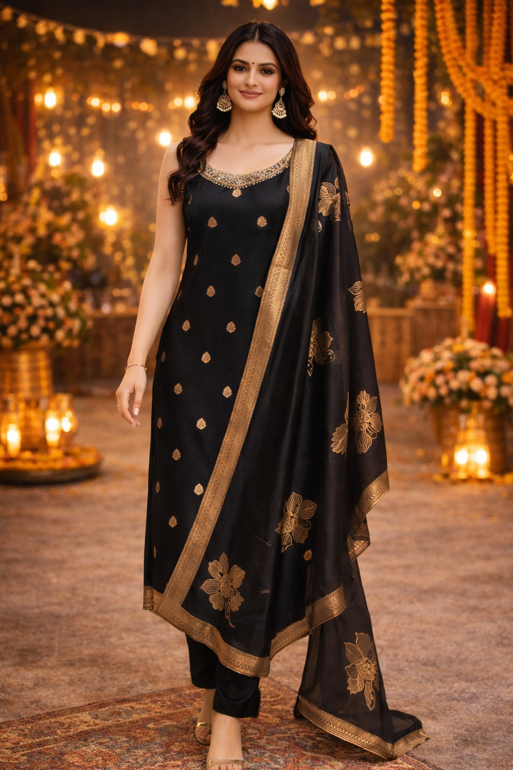 Black & Gold Embroidered Kurta Set with Pants & Dupatta