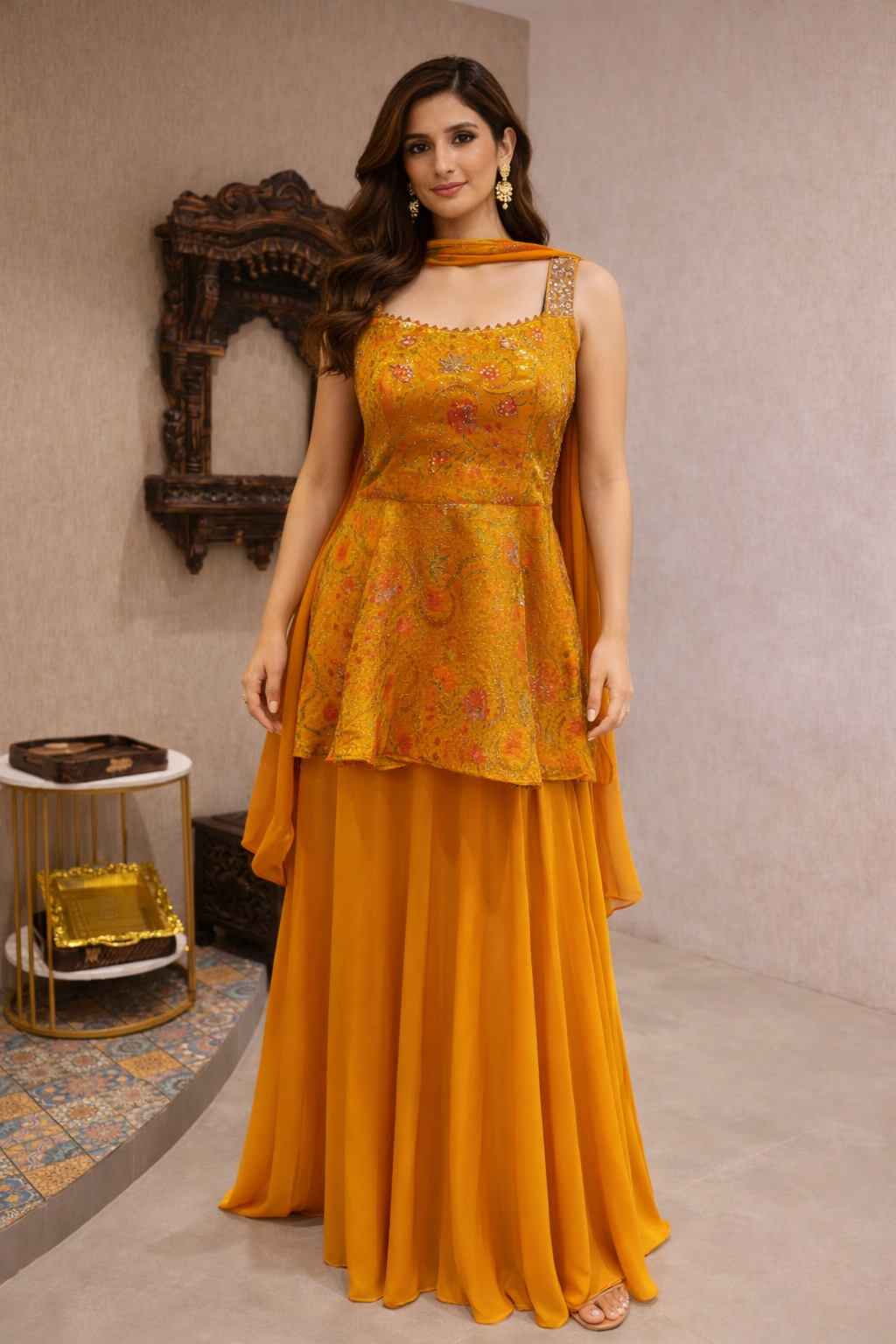 Mustard Yellow Embroidered Silk Peplum Sharara Set with Dupatta for Women