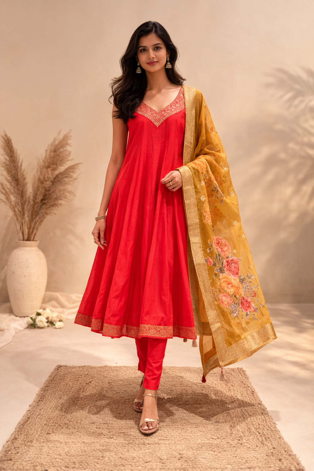 Elegant Red Anarkali Suit Set with Floral Printed Dupatta