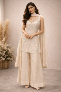 Pastel Striped Tissue Silk Kurta Palazzo Set with Dupatta for Women