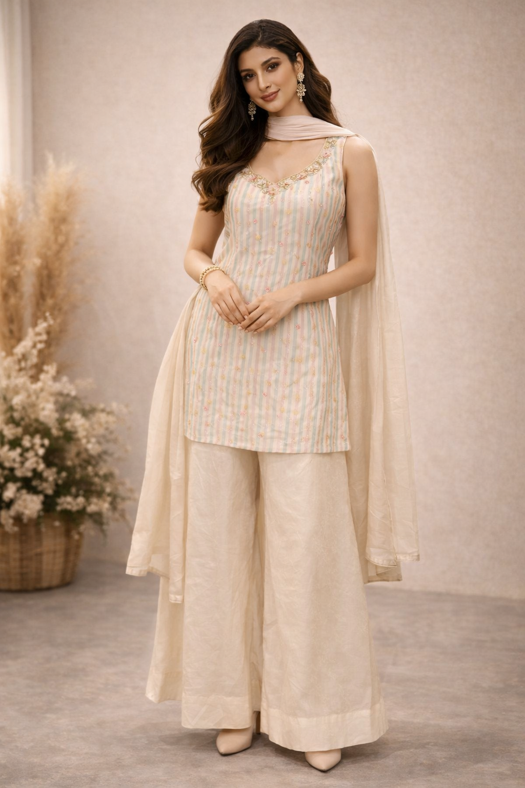 Pastel Striped Tissue Silk Kurta Palazzo Set with Dupatta for Women