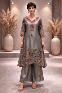 Women's Grey Printed Silk Kurta Palazzo Set