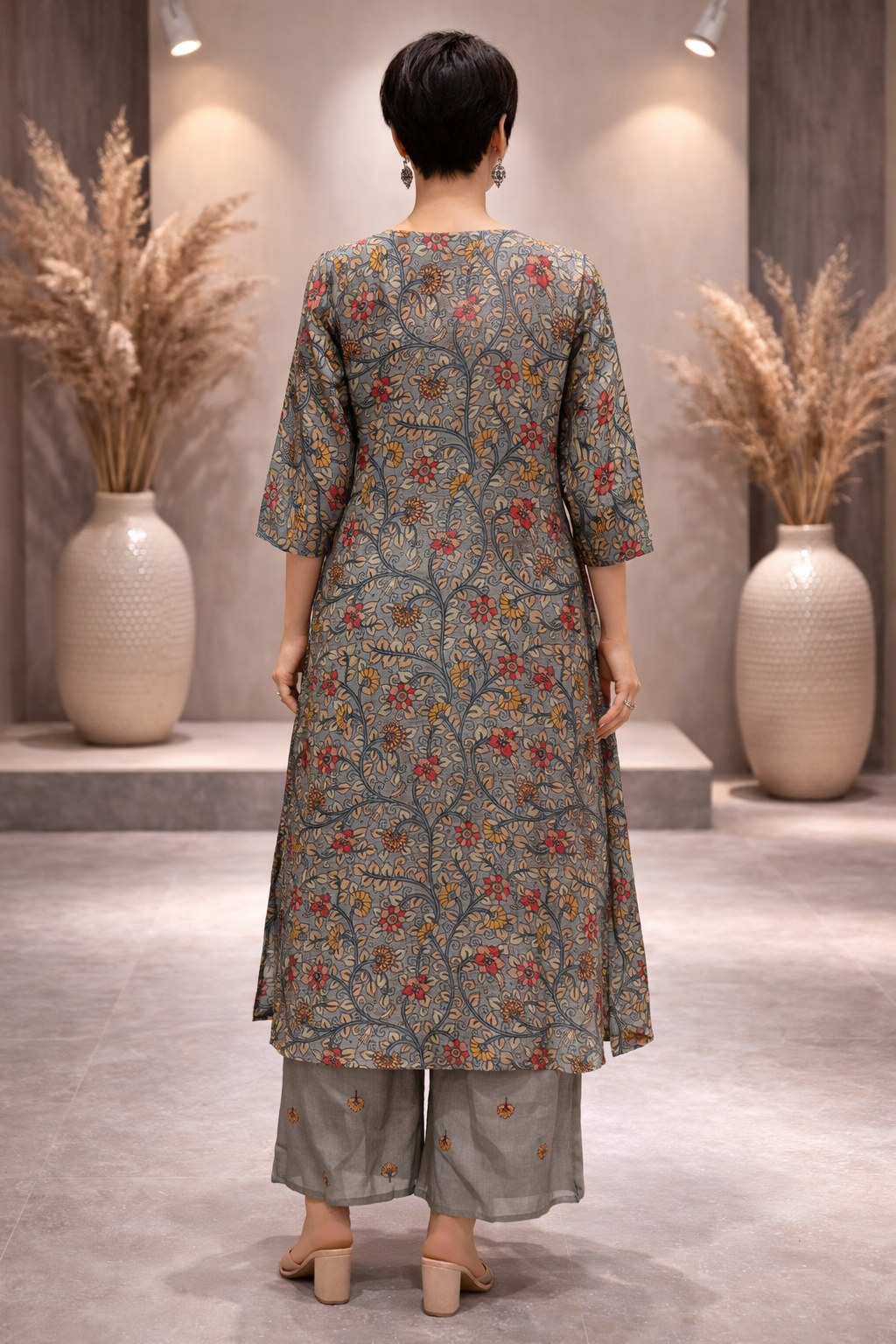 Women's Grey Printed Silk Kurta Palazzo Set