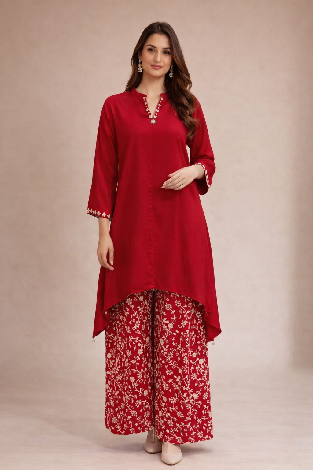 Women's Cotton Satin Asymmetrical Kurta Palazzo Set