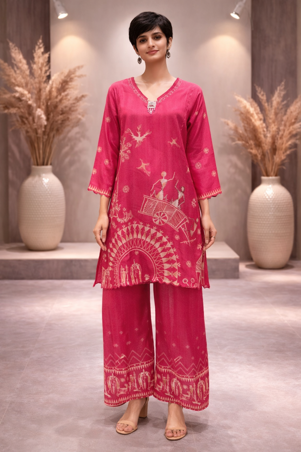 Women's Rani Pink Printed Silk Kurta Palazzo Set