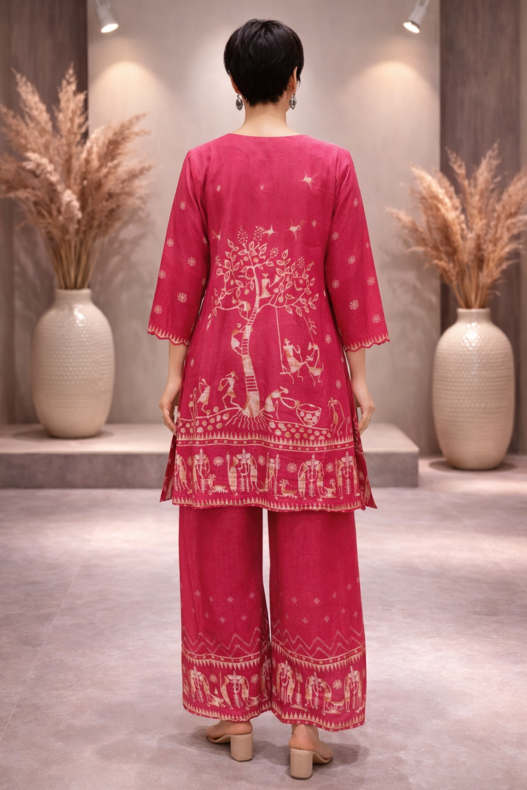 Women's Rani Pink Printed Silk Kurta Palazzo Set