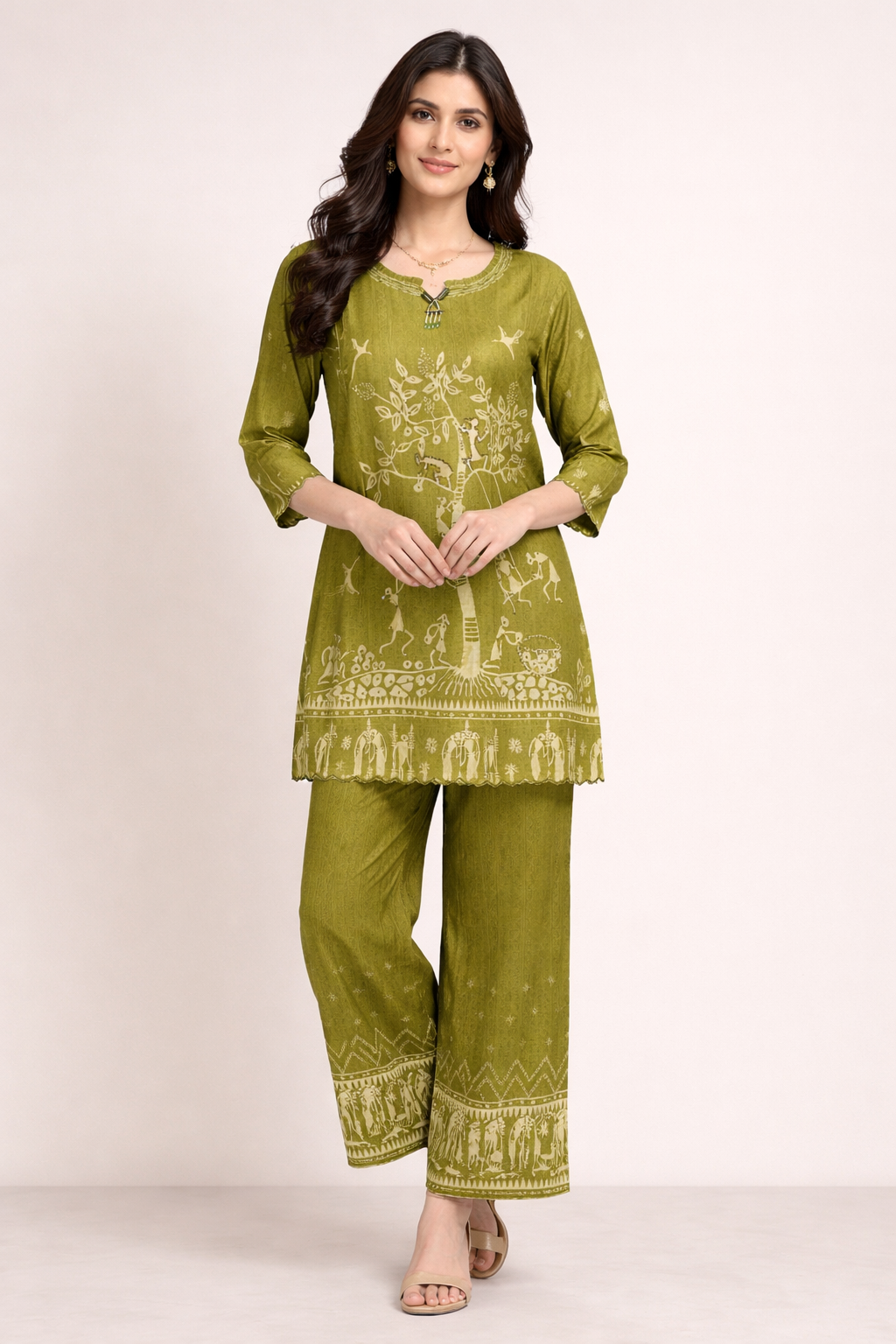 Women's Olive Green Printed Silk Kurta Palazzo Set