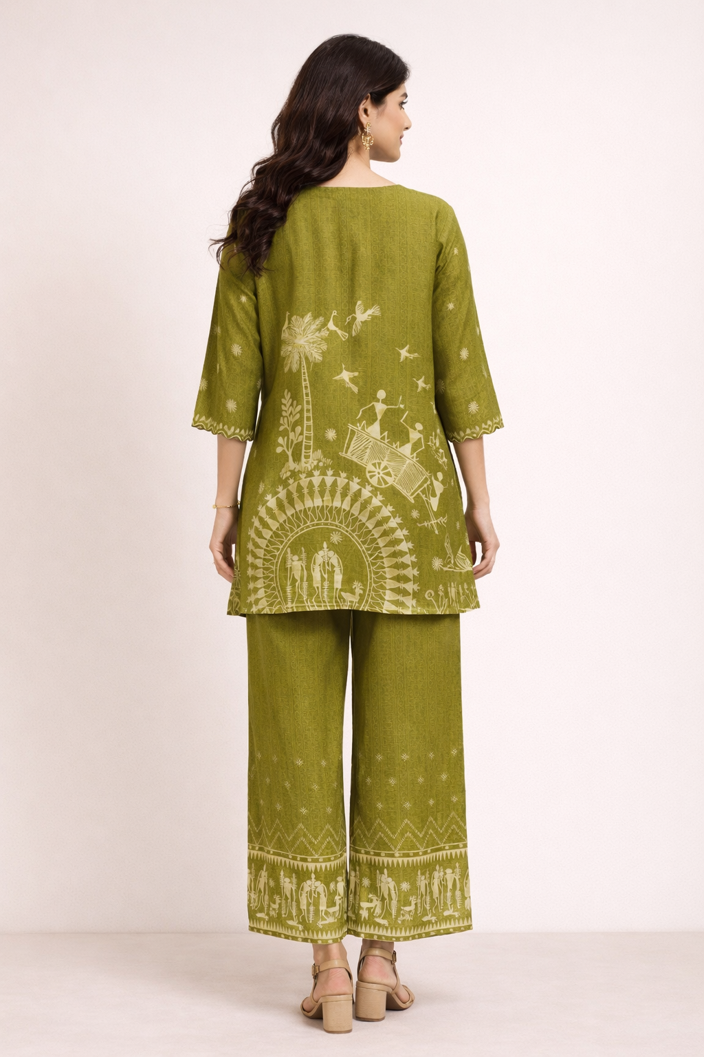 Women's Olive Green Printed Silk Kurta Palazzo Set