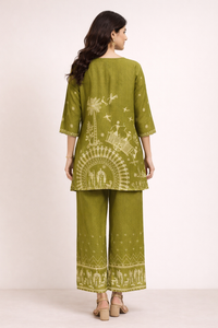 Women's Olive Green Printed Silk Kurta Palazzo Set