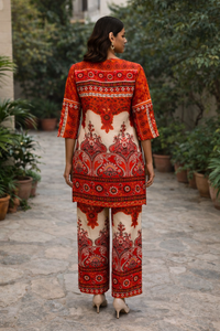Women's Red & Cream Printed Silk Kurta Palazzo Set