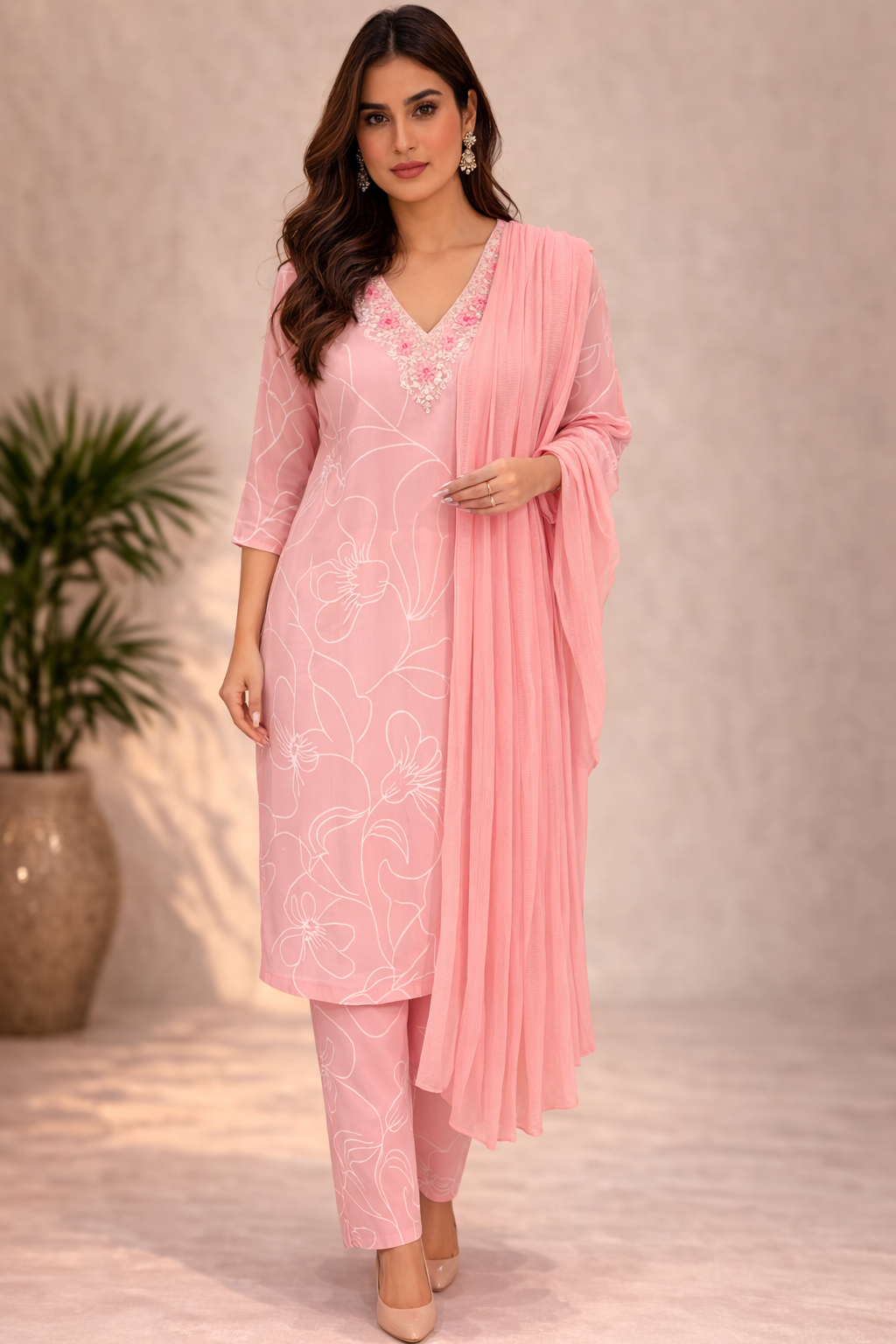 Blush Pink Floral Printed Kurta Set with Pants & Dupatta