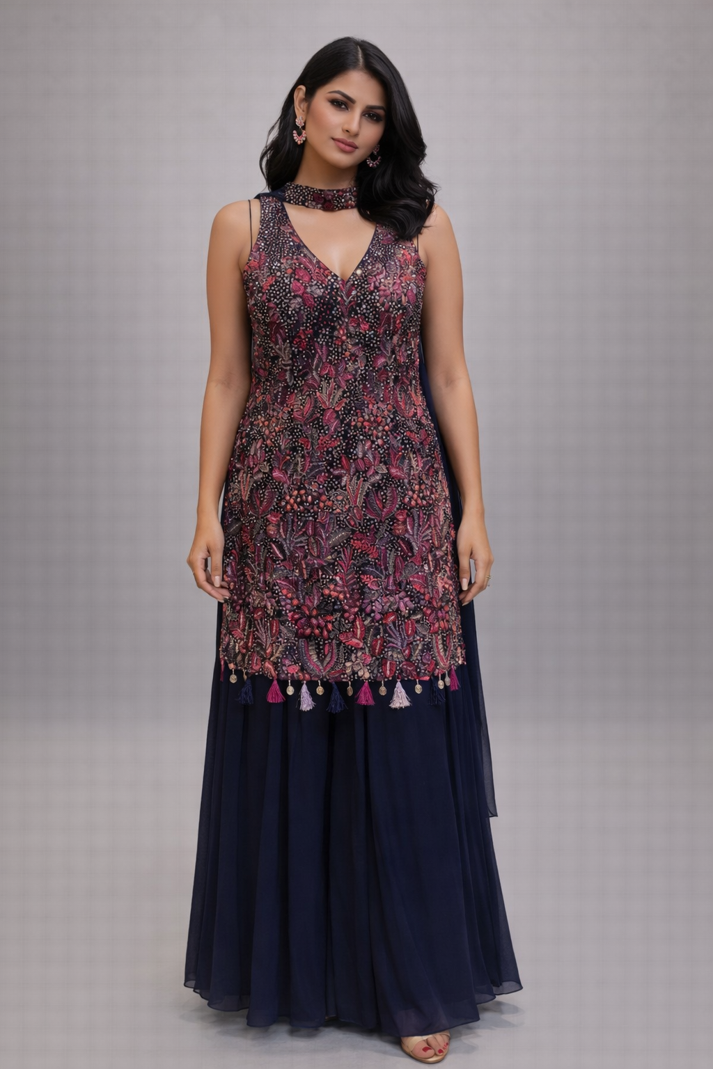 Navy Blue Floral Georgette Kurta Sharara Set with Dupatta