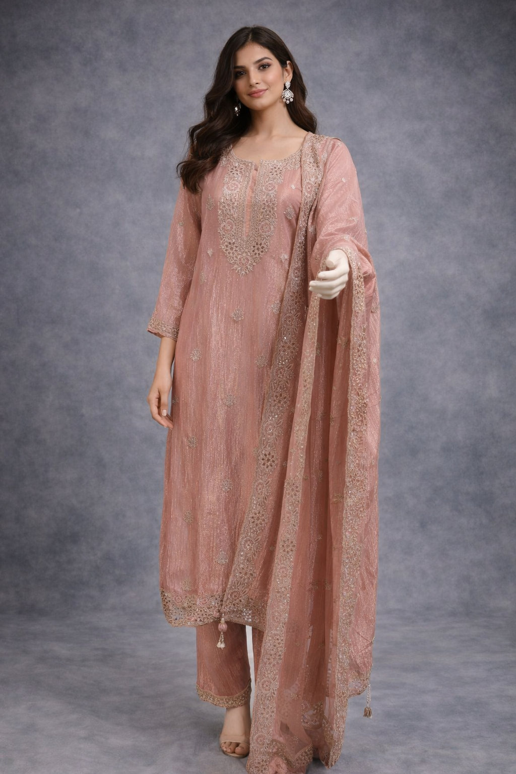 Dusty Rose Embroidered Kurta Pant Set with Dupatta