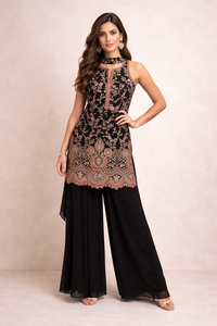 Black Embroidered Georgette Kurta Palazzo Set with Dupatta for Women