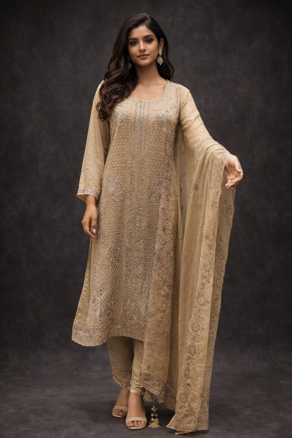 Champagne Beige Embroidered Kurta Pant Set with Dupatta