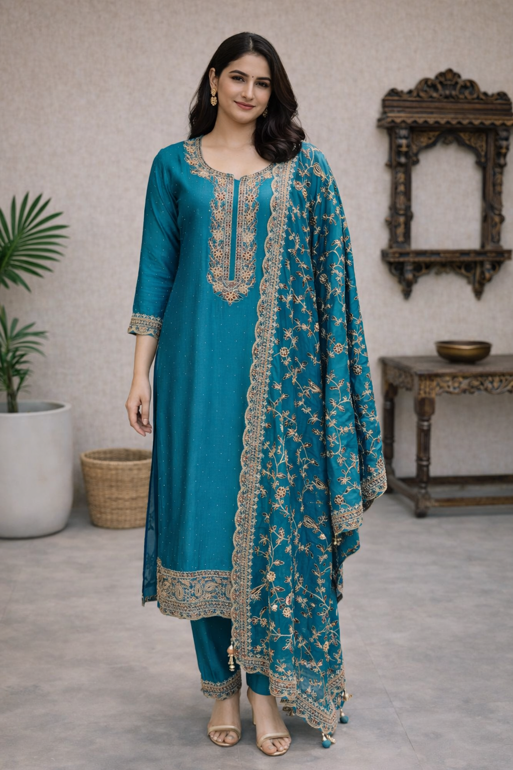 Teal Blue Silk Embroidered Kurta Set with Pants & Dupatta