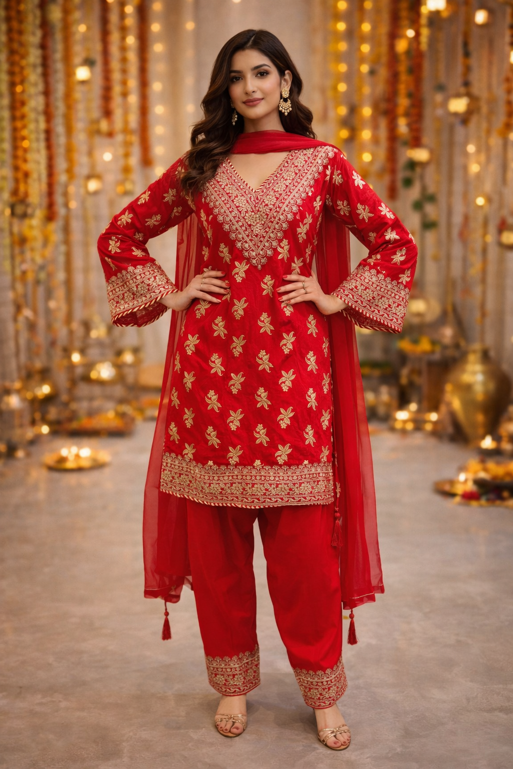 Royal Red Embroidered Kurta Pant Set with Dupatta