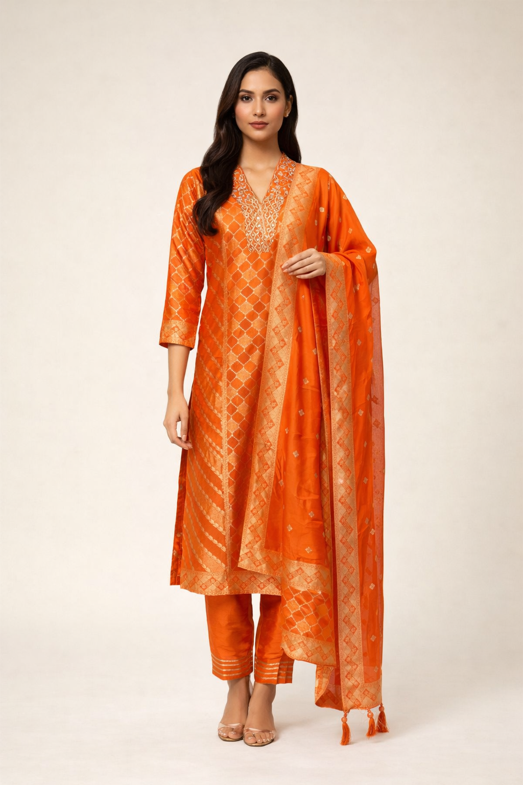 Elegant Orange Silk Blend Kurta Set with Woven Dupatta