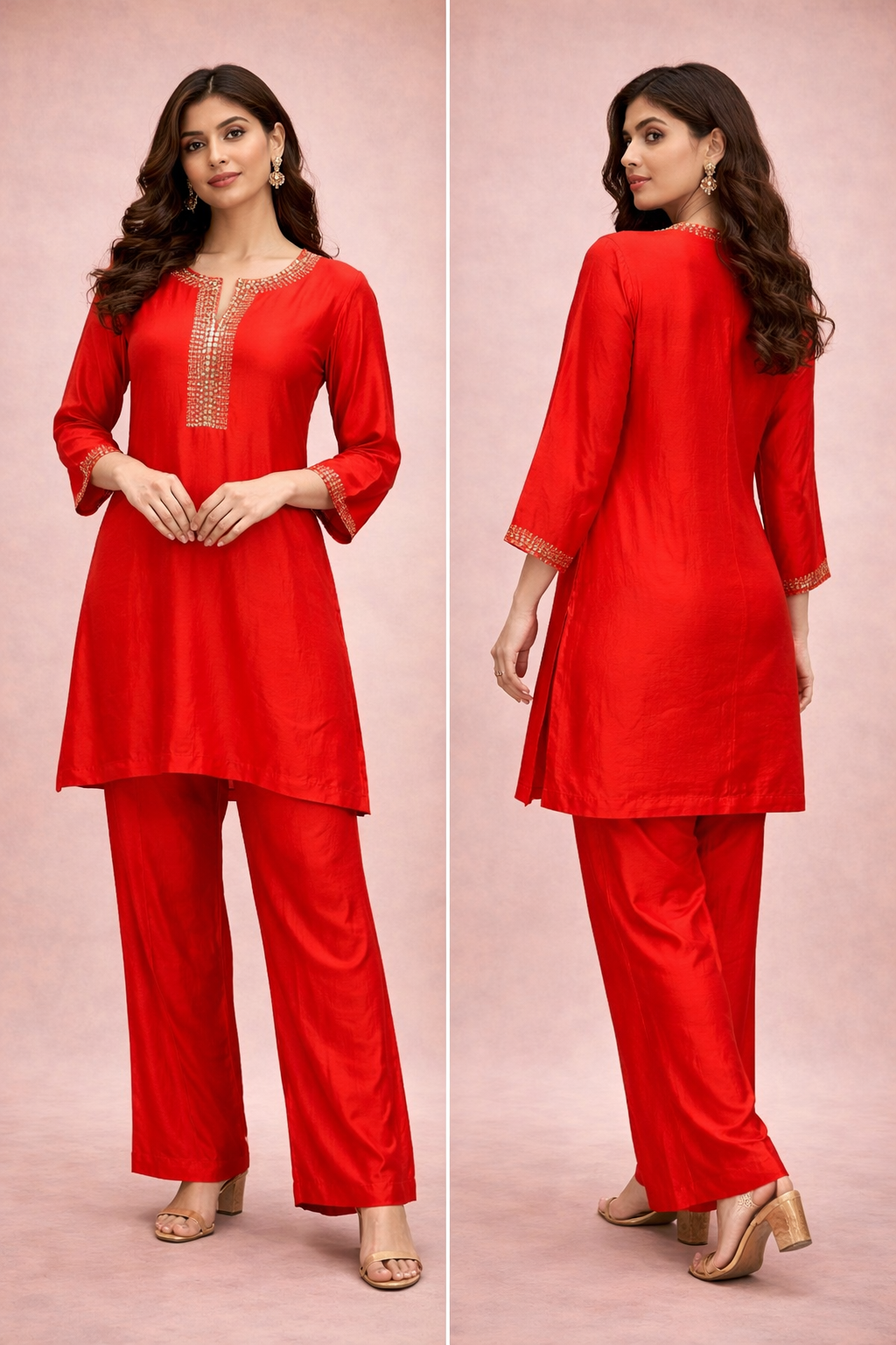 Women's Classic Orange Solid Silk Kurta Palazzo Set with Embellished Neckline