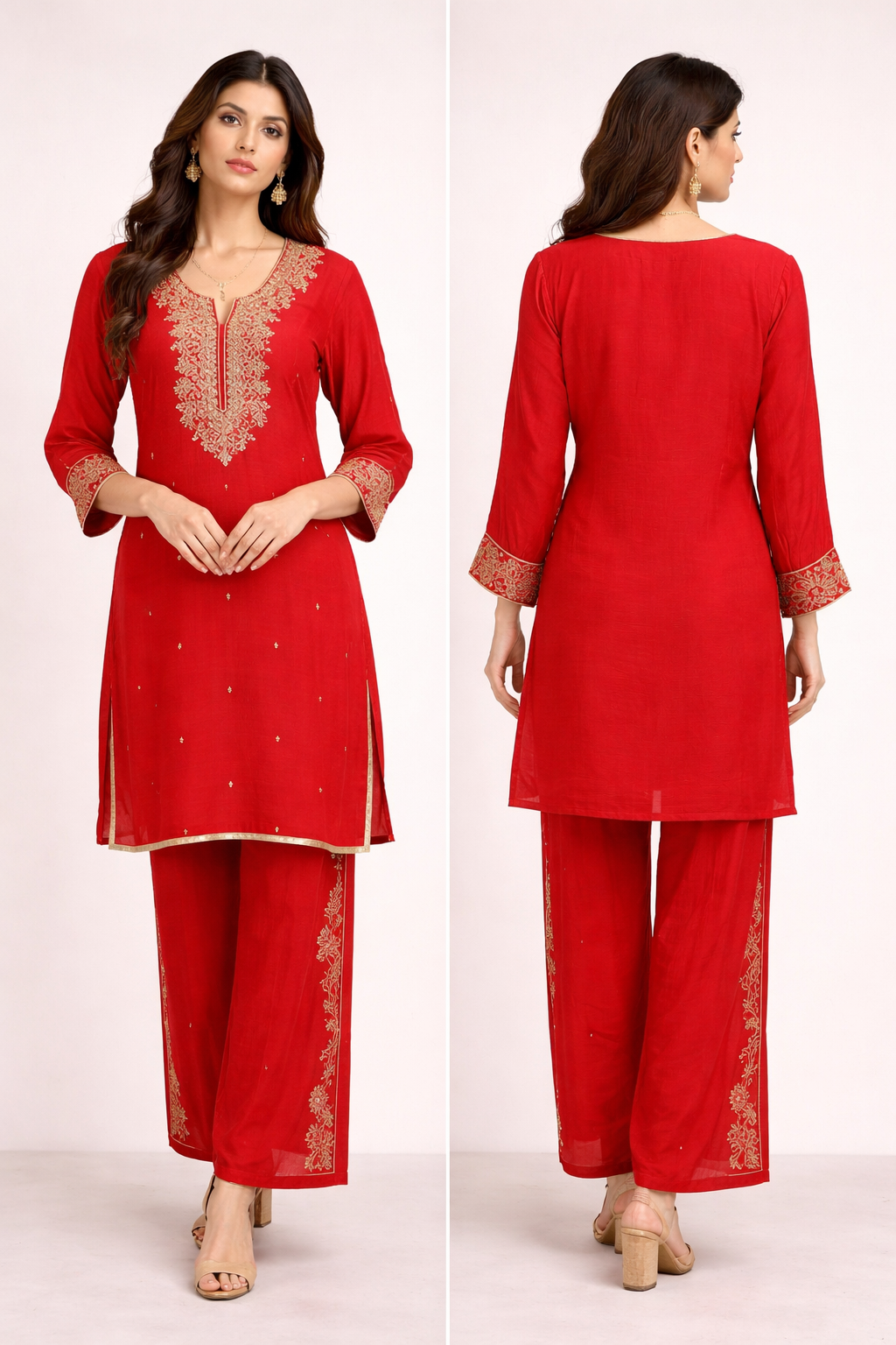Women's Red Embroidered Silk Co-ord Set