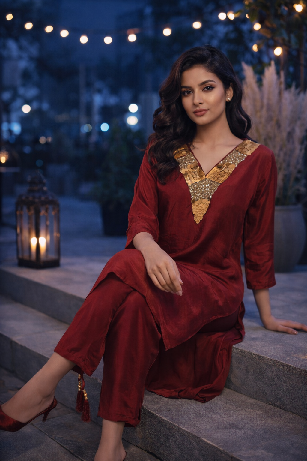 Women's Embellished Silk Kurta Palazzo Set