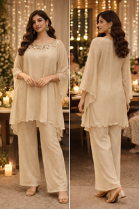 Champagne Gold Crush Tissue Co-Ord Set with Embellished Neckline