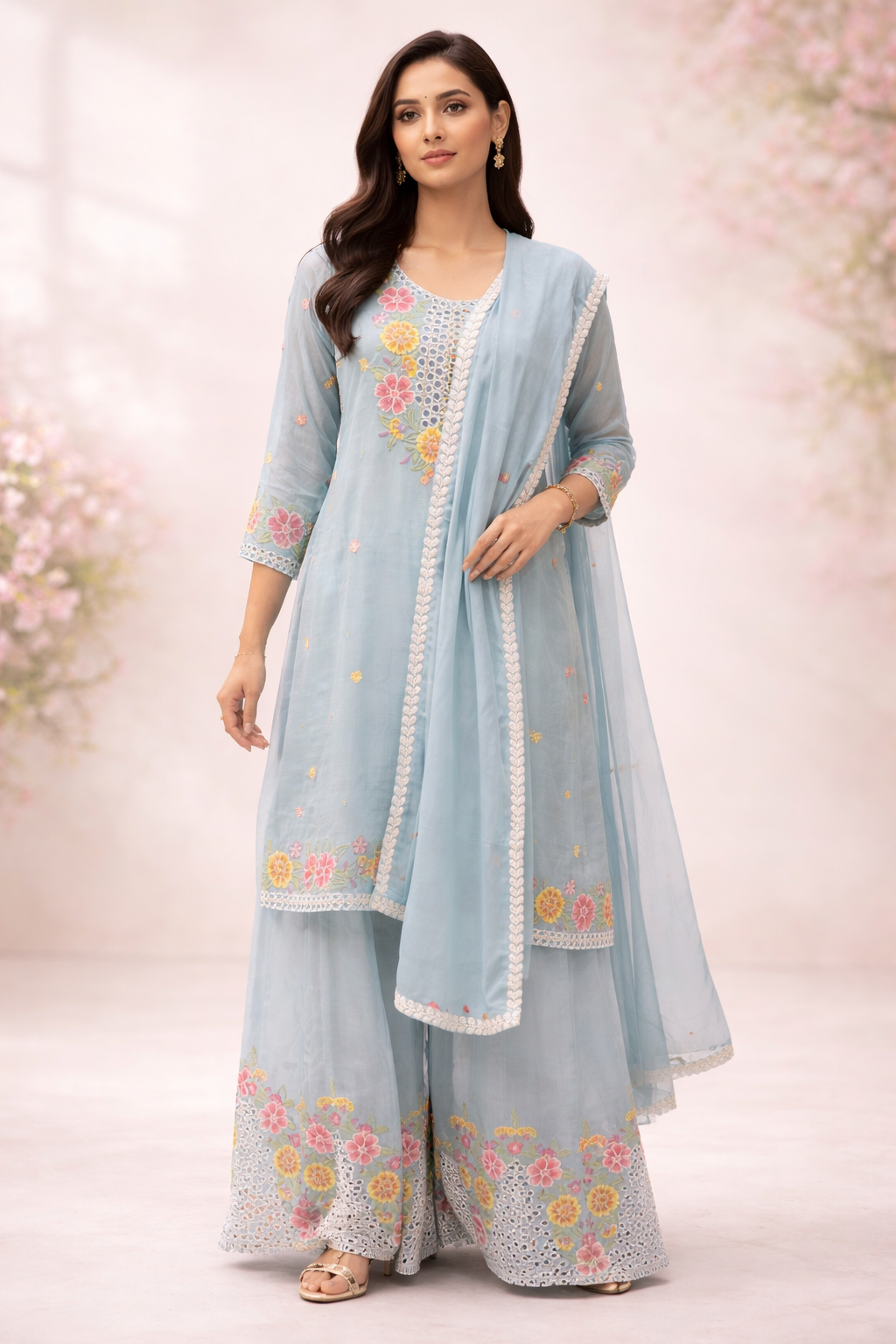 Powder Blue Floral Embroidered Silk Kurta Sharara Set with Dupatta for Women