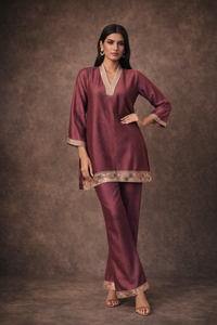 Women's Maroon Vichitra Silk Kurta Pant Set